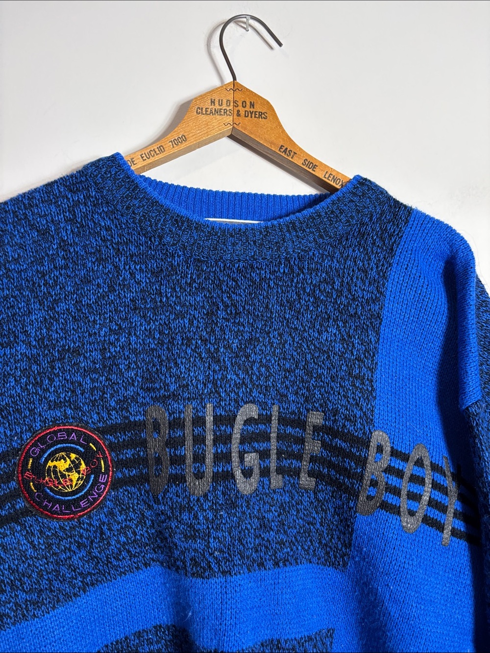 Vintage 90s Bugle Boy Sweater Blue Colorblock Striped - Picture 2 of 4